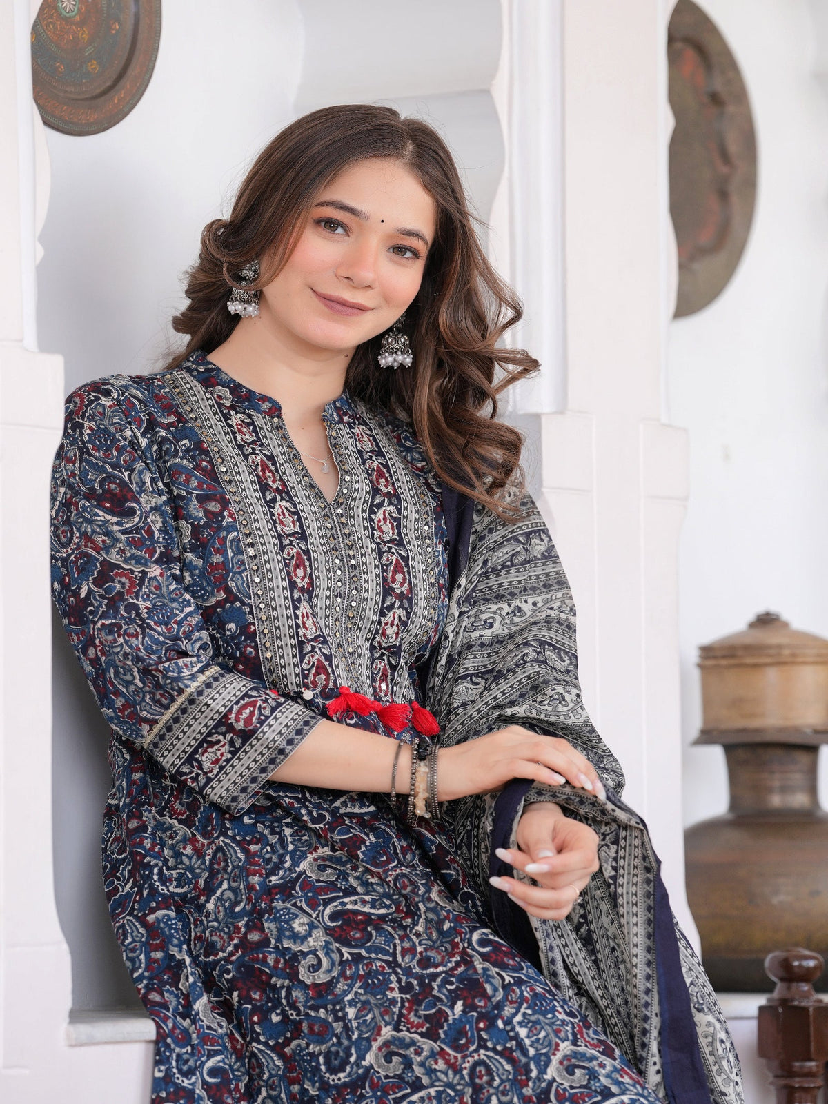 Rangvastra Blue Cotton Emb. Printed Kurta Pant Dupatta Set