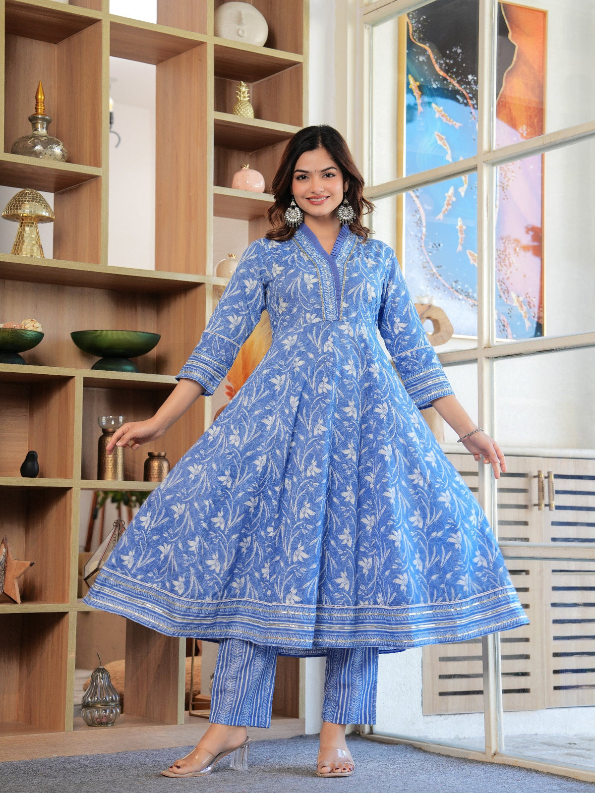 Rangvastra Cotton Blue Floral Printed Kurta Pant With Dupatta Set