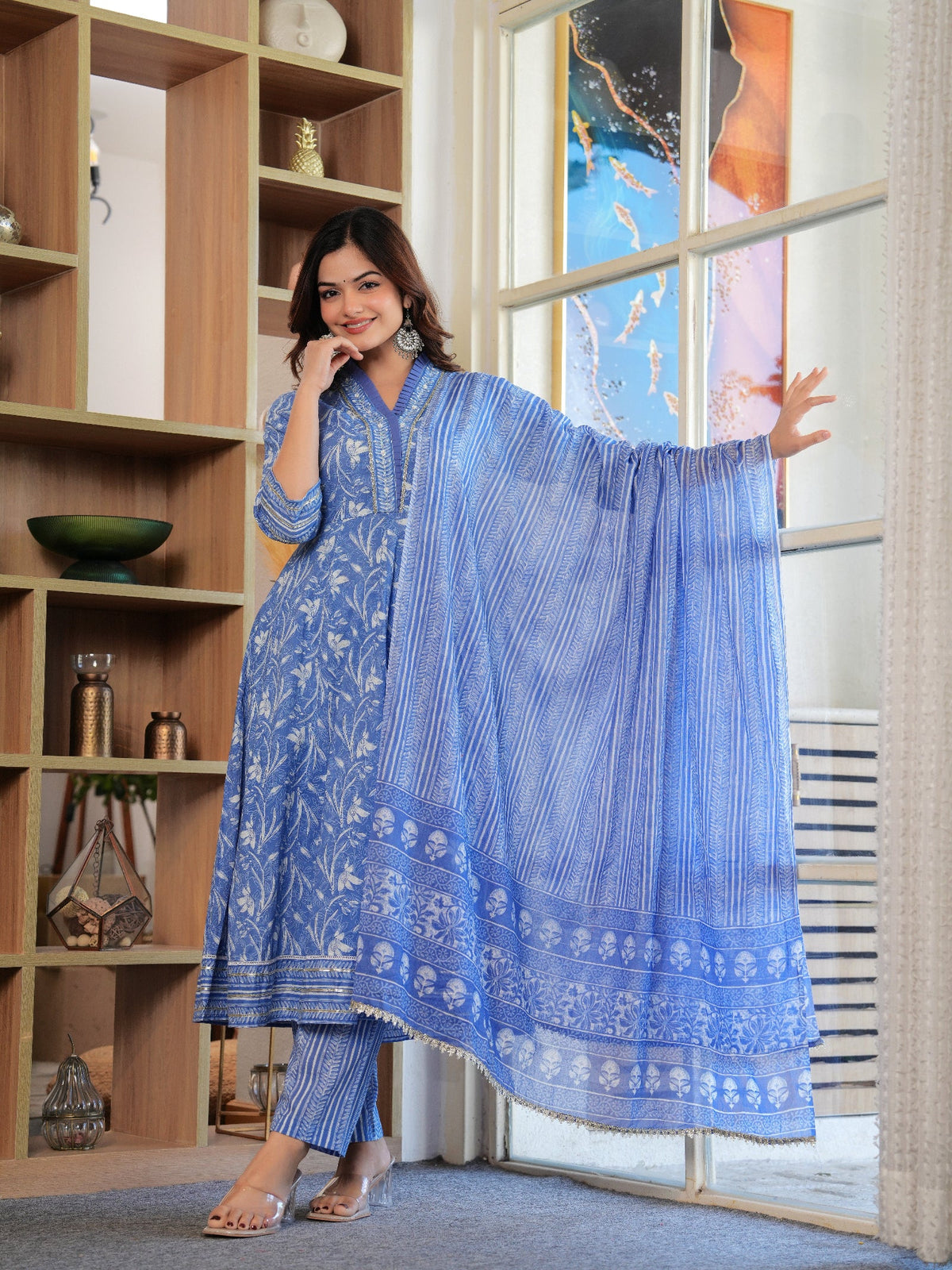 Rangvastra Cotton Blue Floral Printed Kurta Pant With Dupatta Set