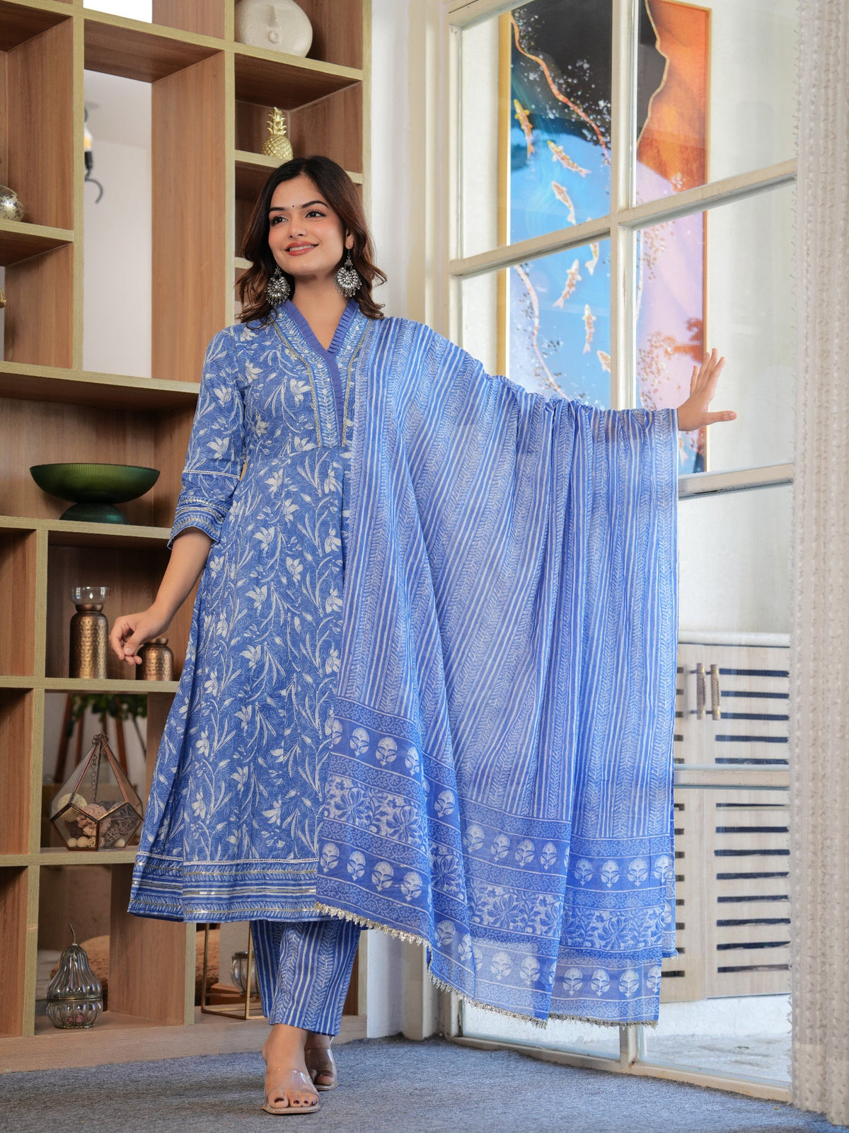 Rangvastra Cotton Blue Floral Printed Kurta Pant With Dupatta Set