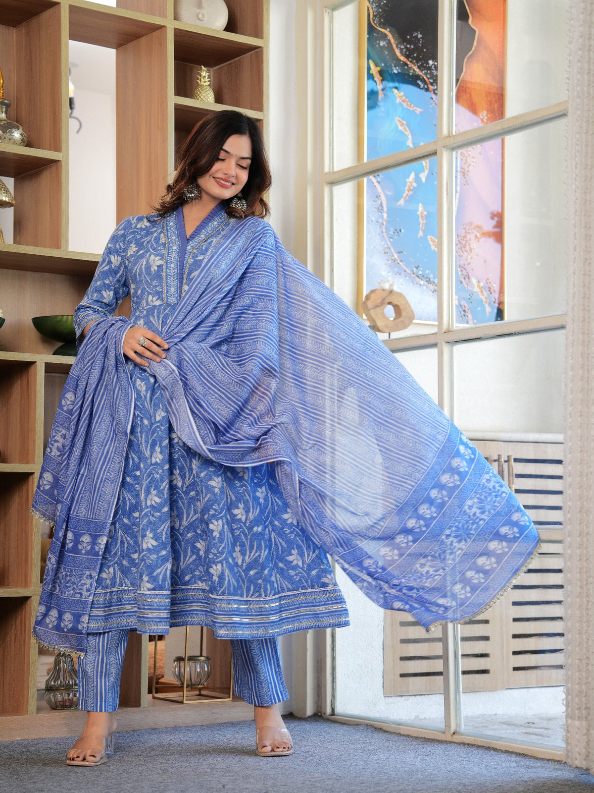 Rangvastra Cotton Blue Floral Printed Kurta Pant With Dupatta Set