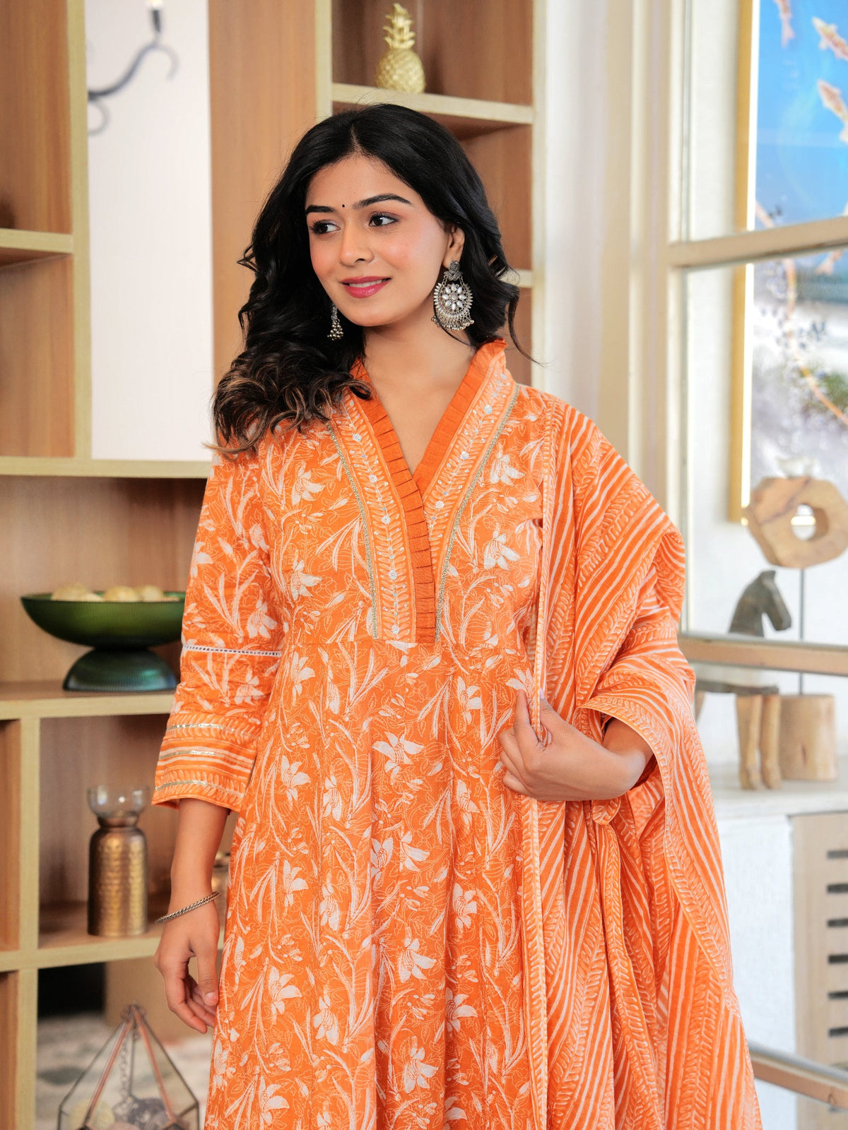 Rangvastra Orange Cotton Floral Printed Kurta Pant Dupatta Set
