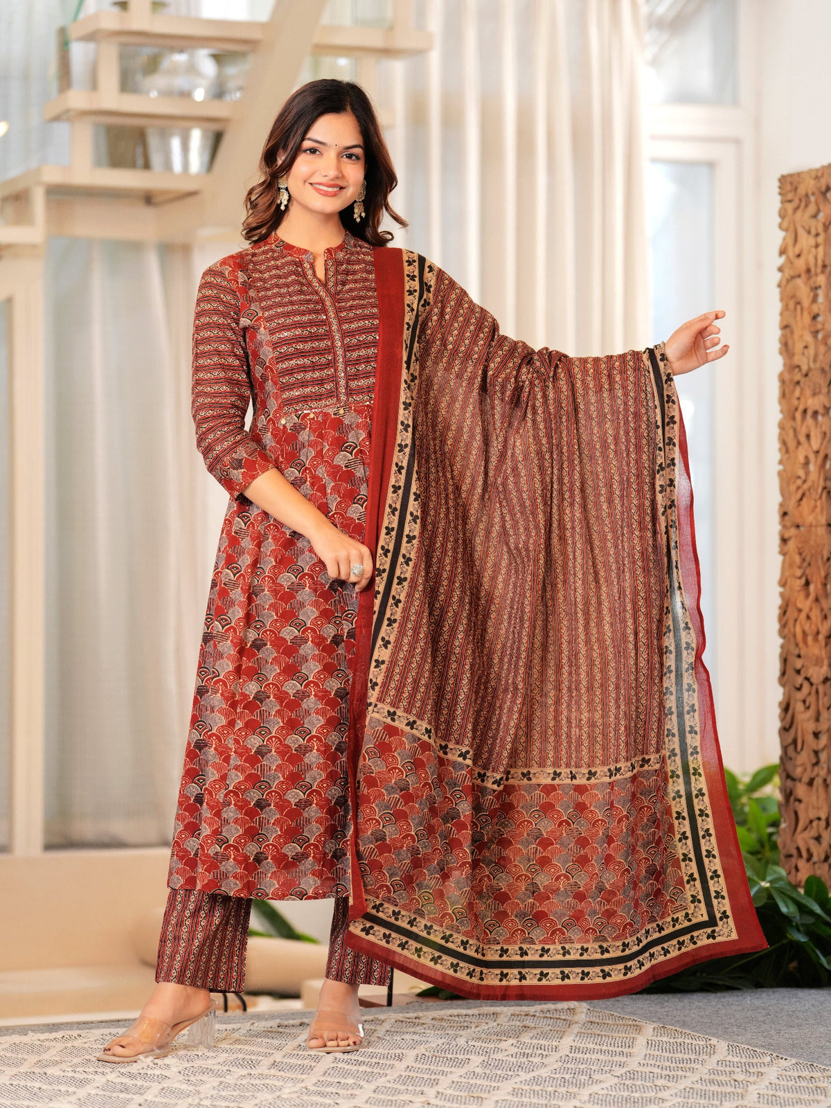 Rangvastra Cotton Floral Printed Kurta Pant With Dupatta Set