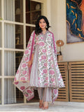Maluka Women Grey Cotton Floral Printed Kurta Pant Dupatta Set