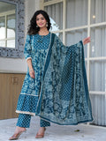 Rangvastra Cotton Printed Hand Work Kurta Pant With Dupatta Set