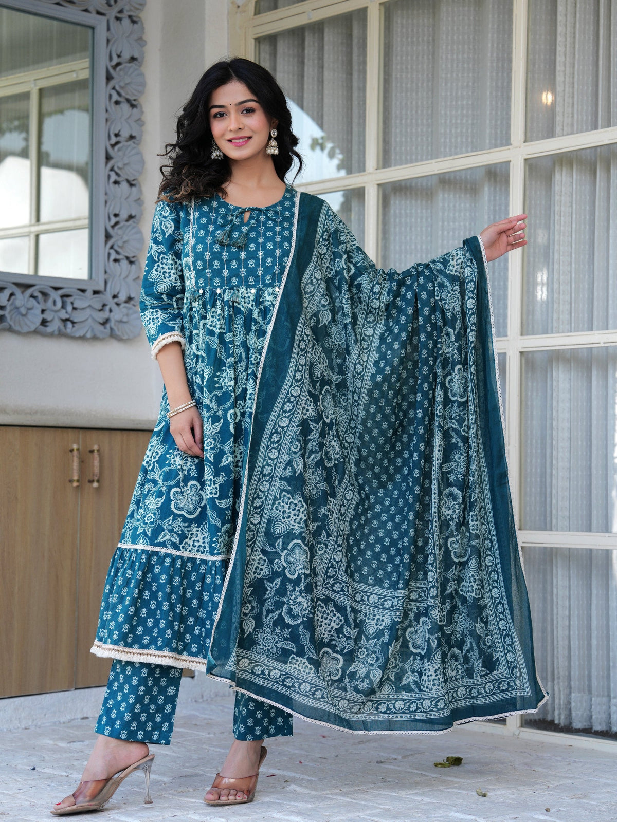 Rangvastra Cotton Printed Hand Work Kurta Pant With Dupatta Set