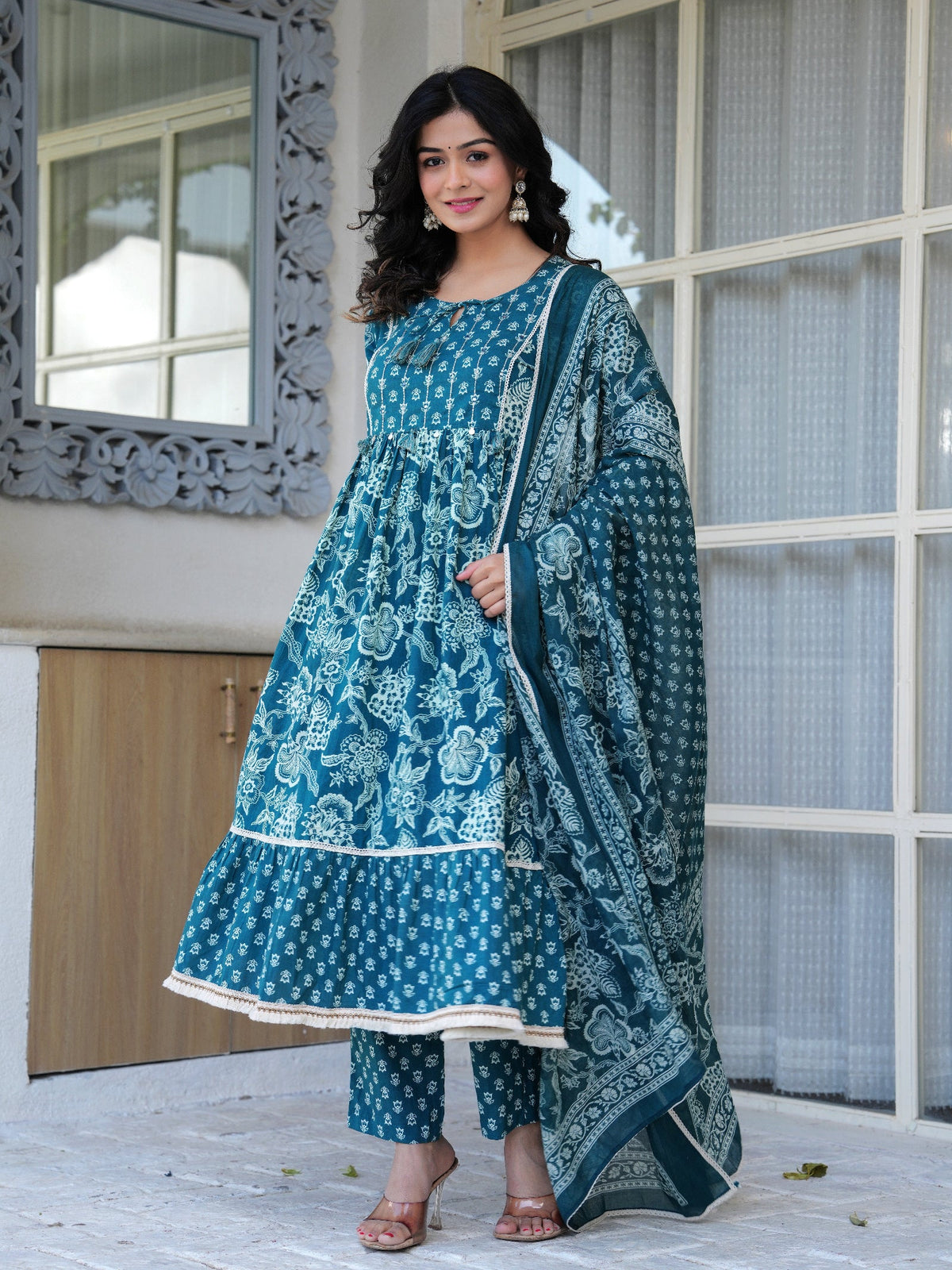 Rangvastra Cotton Printed Hand Work Kurta Pant With Dupatta Set