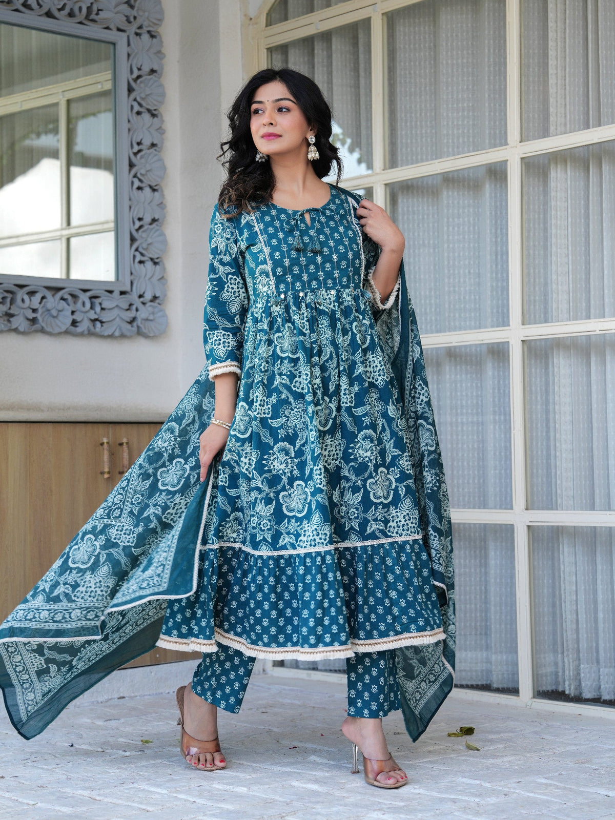 Rangvastra Cotton Printed Hand Work Kurta Pant With Dupatta Set