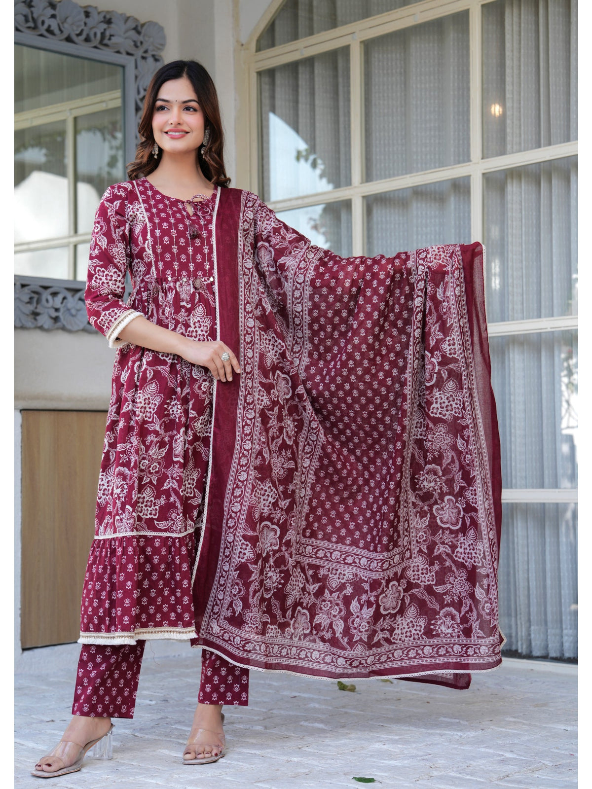 Rangvastra Cotton Maroon Kurta Pant Duptta Set