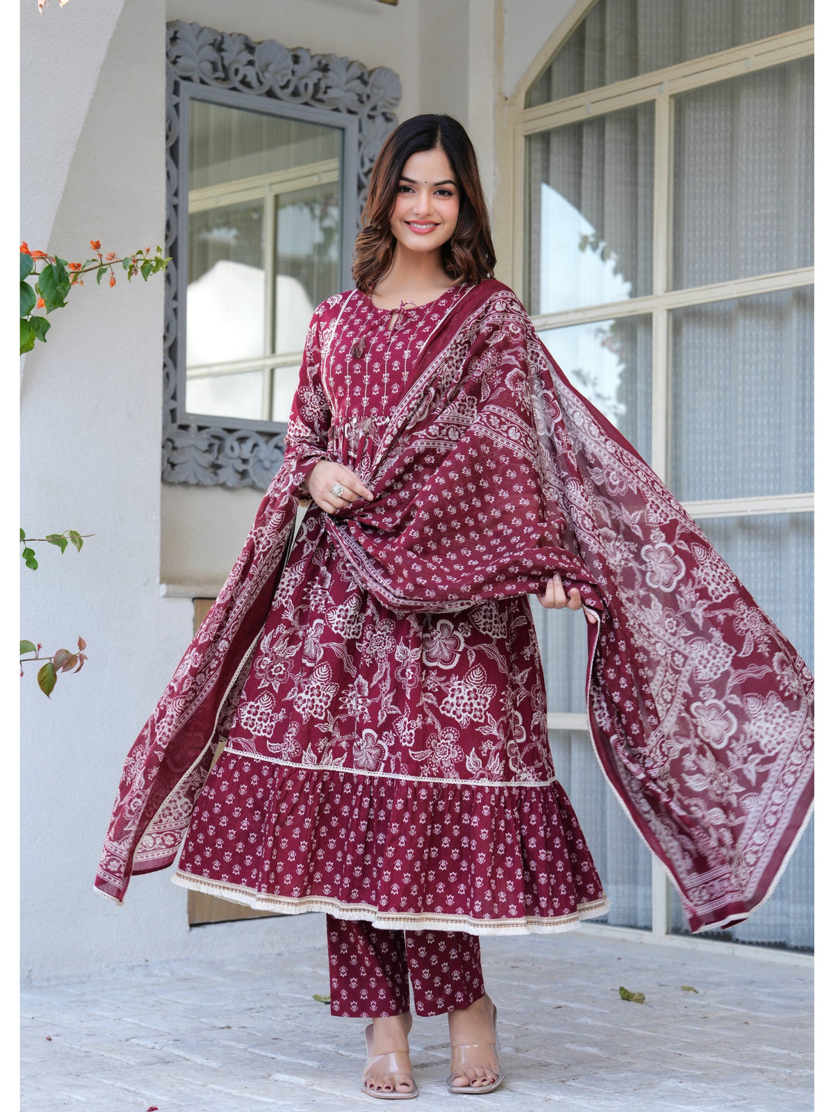 Rangvastra Cotton Maroon Kurta Pant Duptta Set