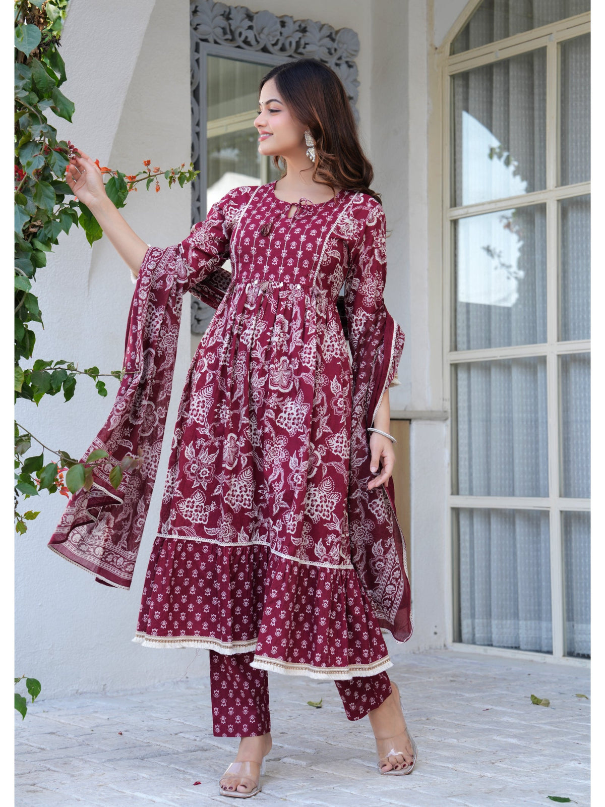 Rangvastra Cotton Maroon Kurta Pant Duptta Set