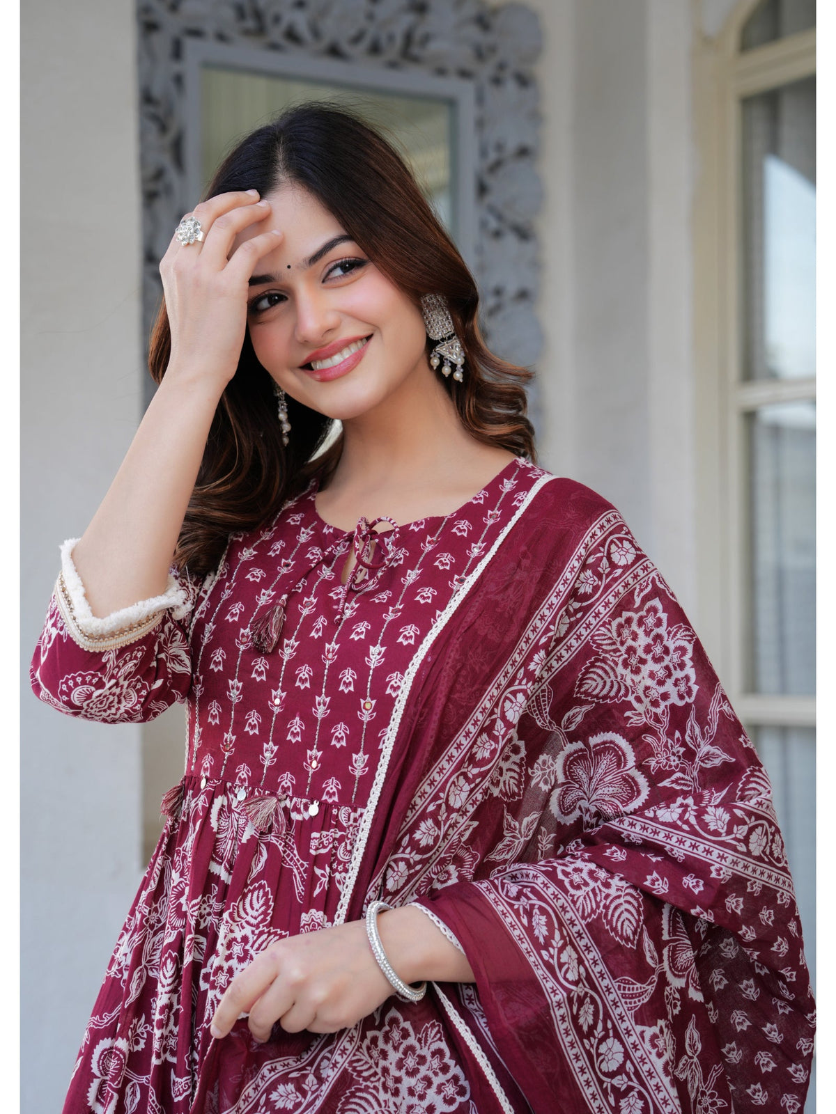 Rangvastra Cotton Maroon Kurta Pant Duptta Set