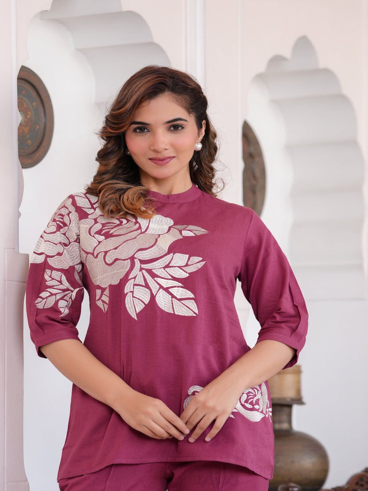 Rangvastra Dark Pink Cotton Flex Solid Floral Embroidery Co-Ord Set