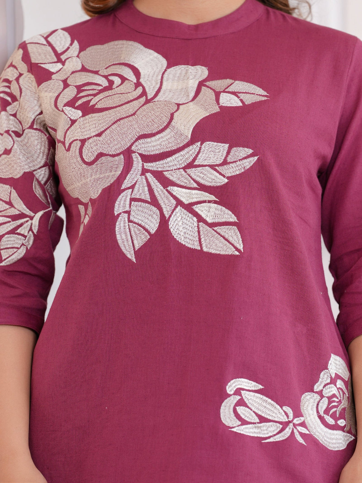 Rangvastra Dark Pink Cotton Flex Solid Floral Embroidery Co-Ord Set