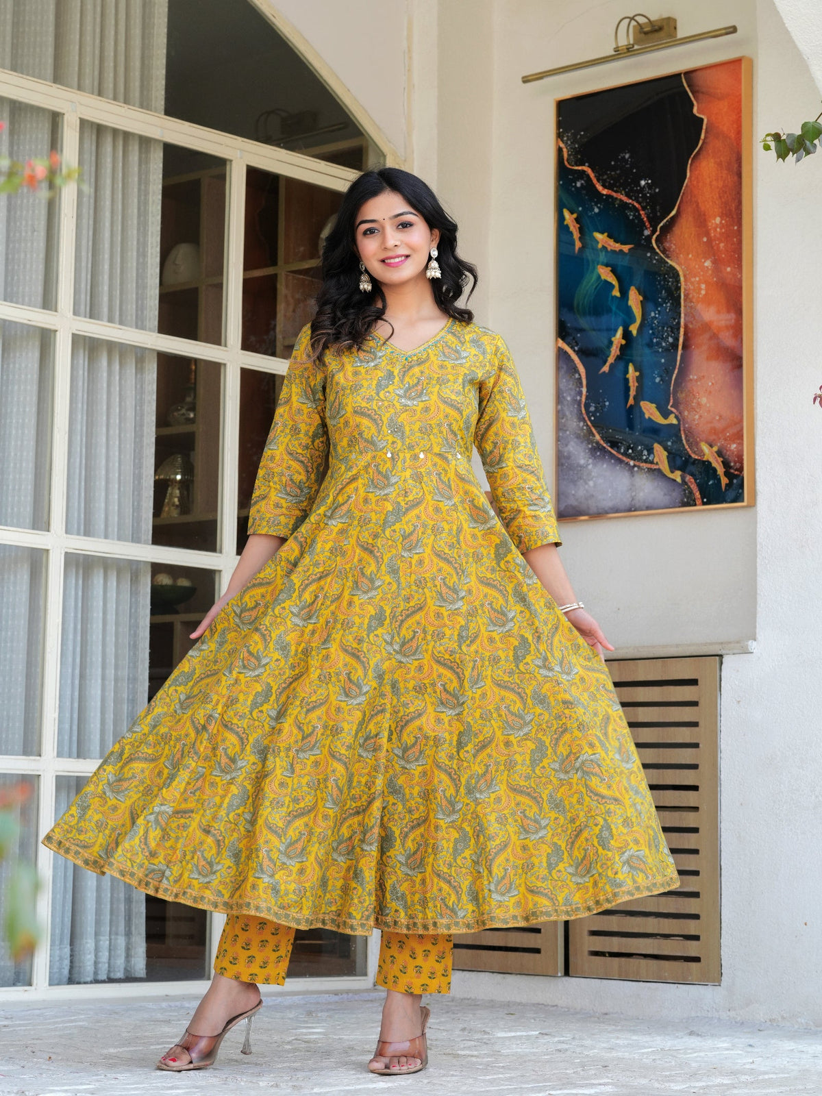 Rangvastra Mustard Cotton Printed Kurta Pant Dupatta Set