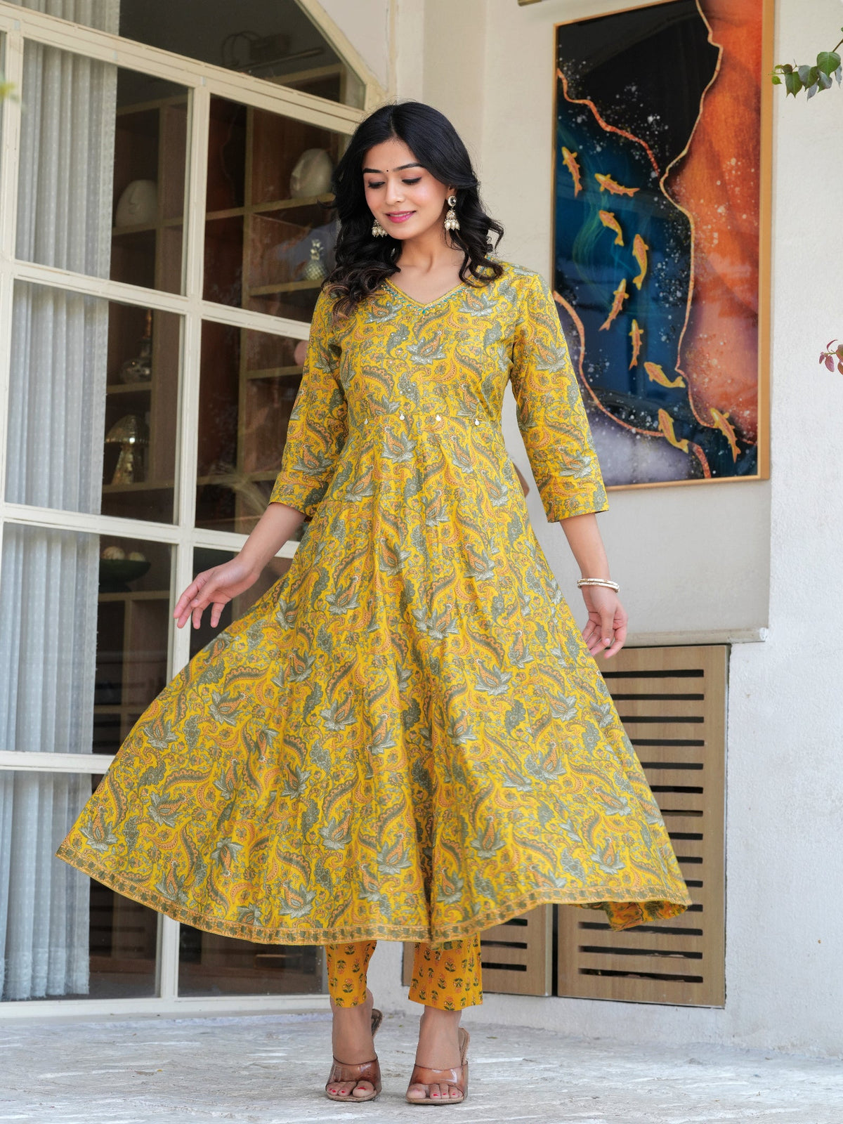 Rangvastra Mustard Cotton Printed Kurta Pant Dupatta Set