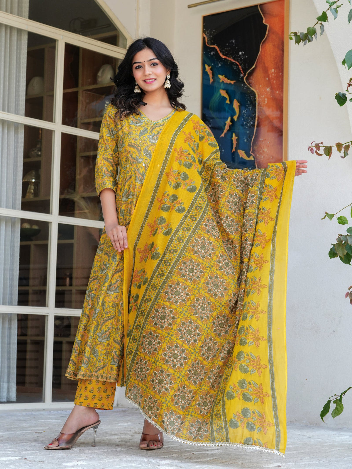 Rangvastra Mustard Cotton Printed Kurta Pant Dupatta Set