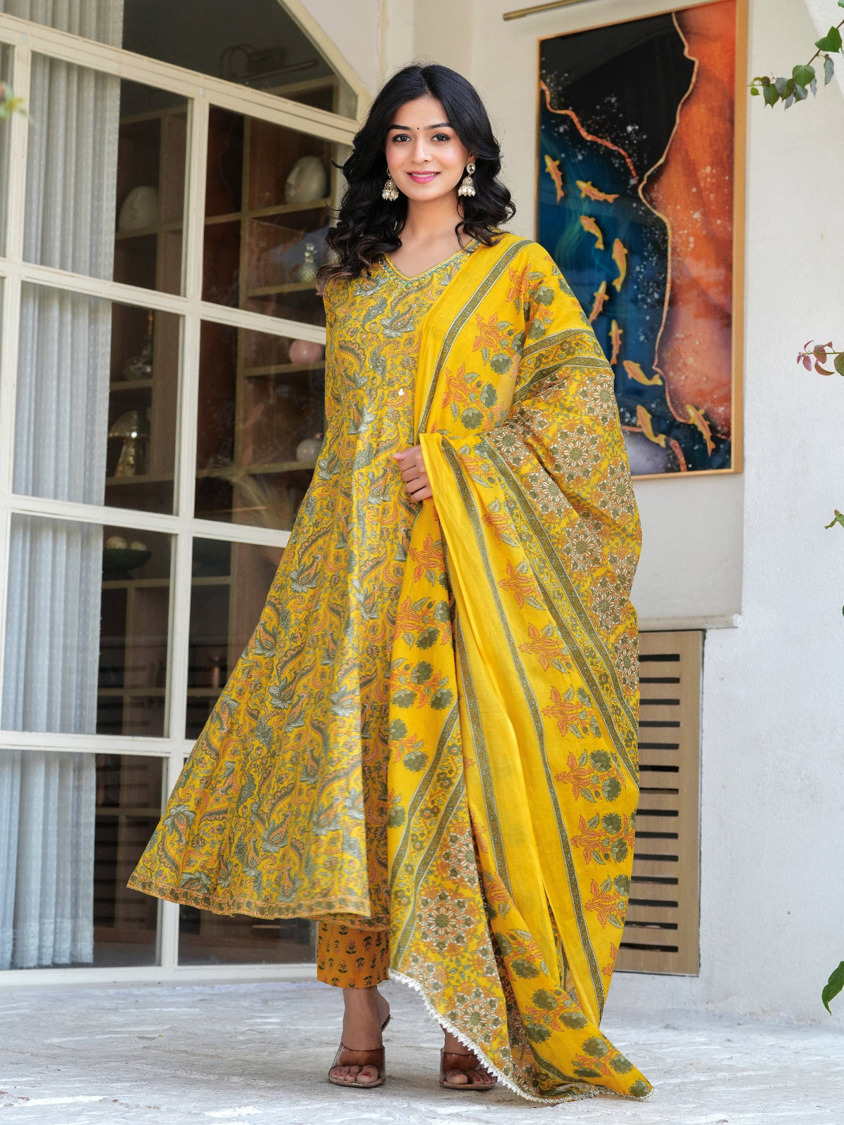 Rangvastra Mustard Cotton Printed Kurta Pant Dupatta Set