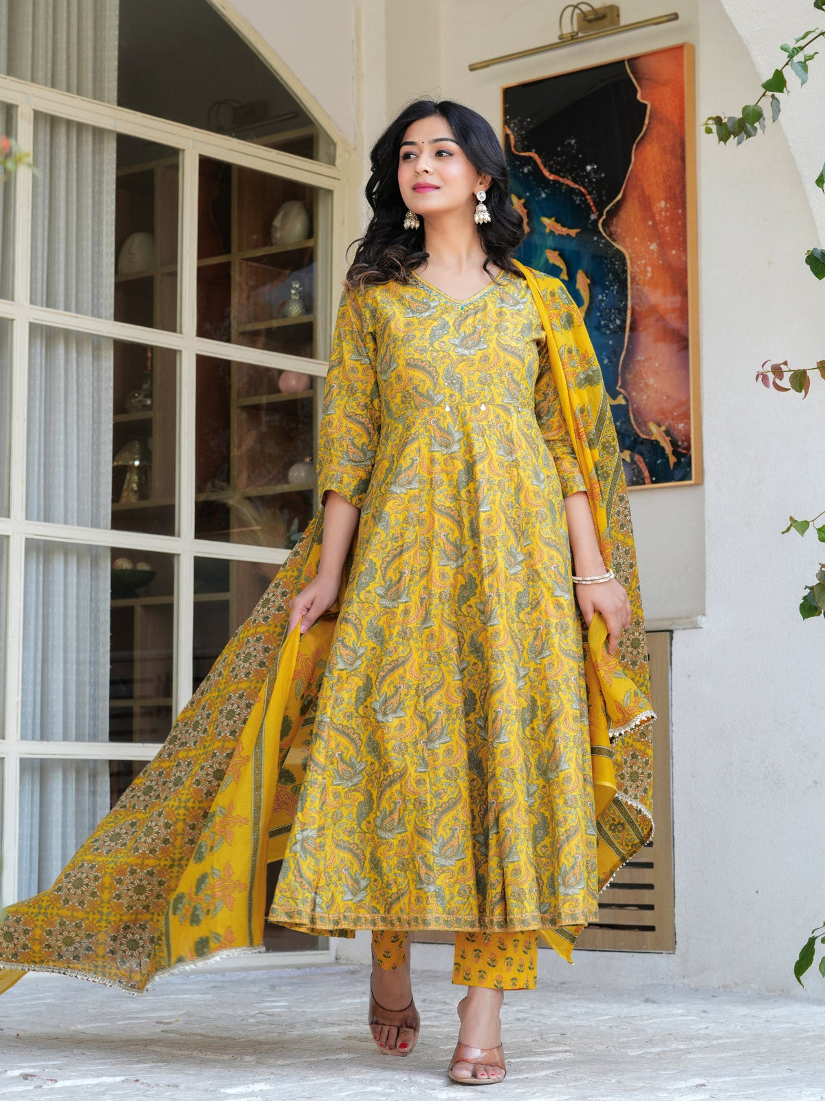 Rangvastra Mustard Cotton Printed Kurta Pant Dupatta Set