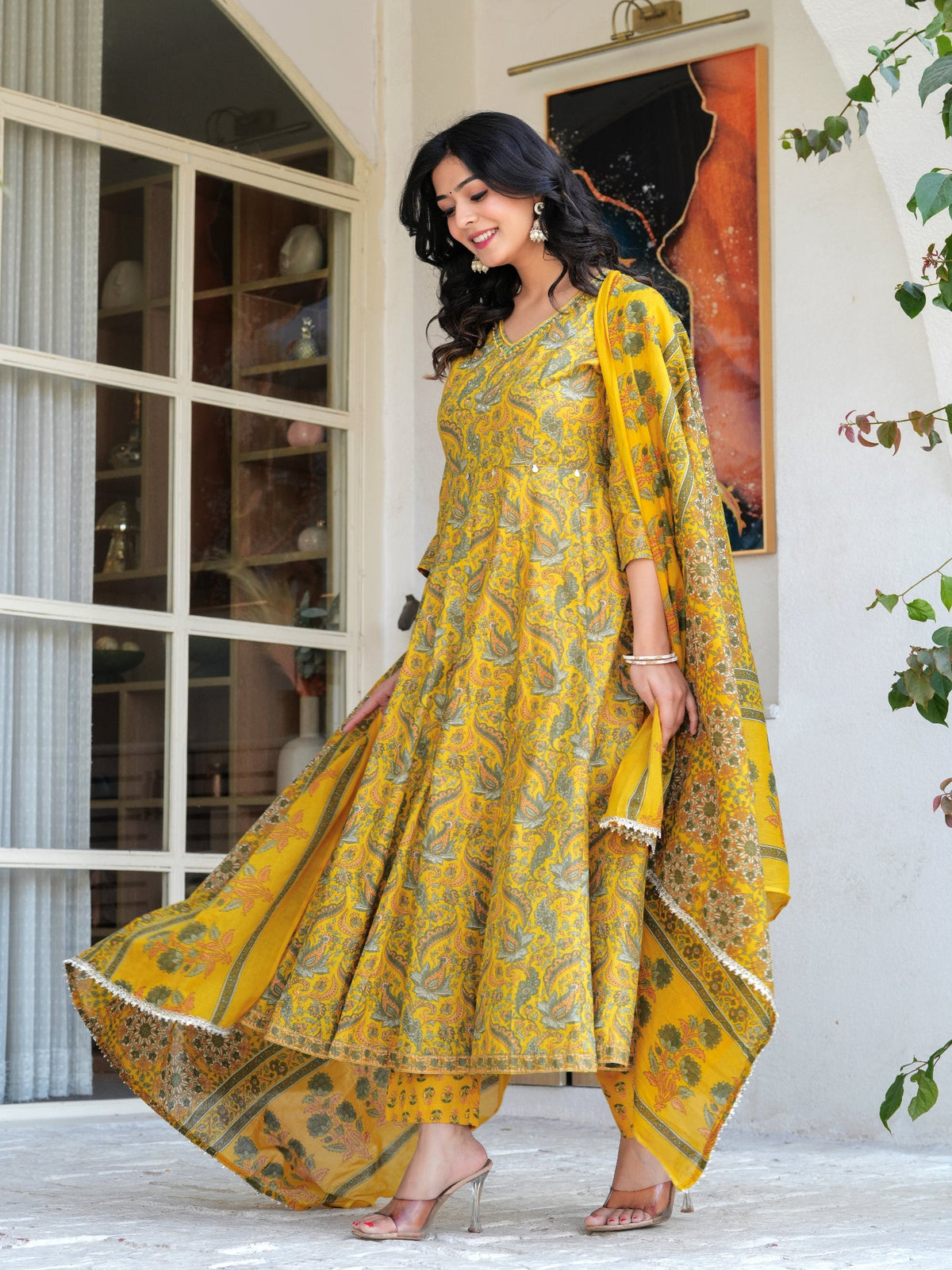 Rangvastra Mustard Cotton Printed Kurta Pant Dupatta Set