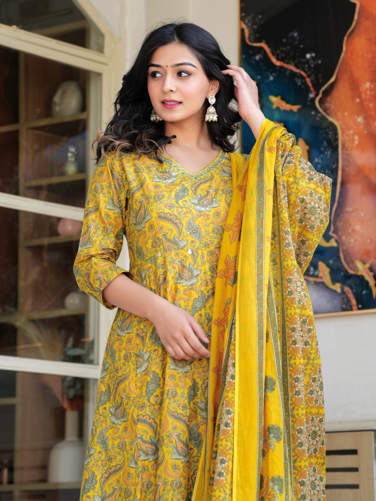 Rangvastra Mustard Cotton Printed Kurta Pant Dupatta Set