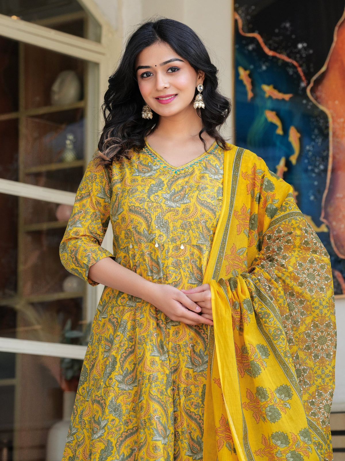 Rangvastra Mustard Cotton Printed Kurta Pant Dupatta Set