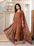 Maluka Women Maroon Cotton Printed Kurta Pant Dupatta Set