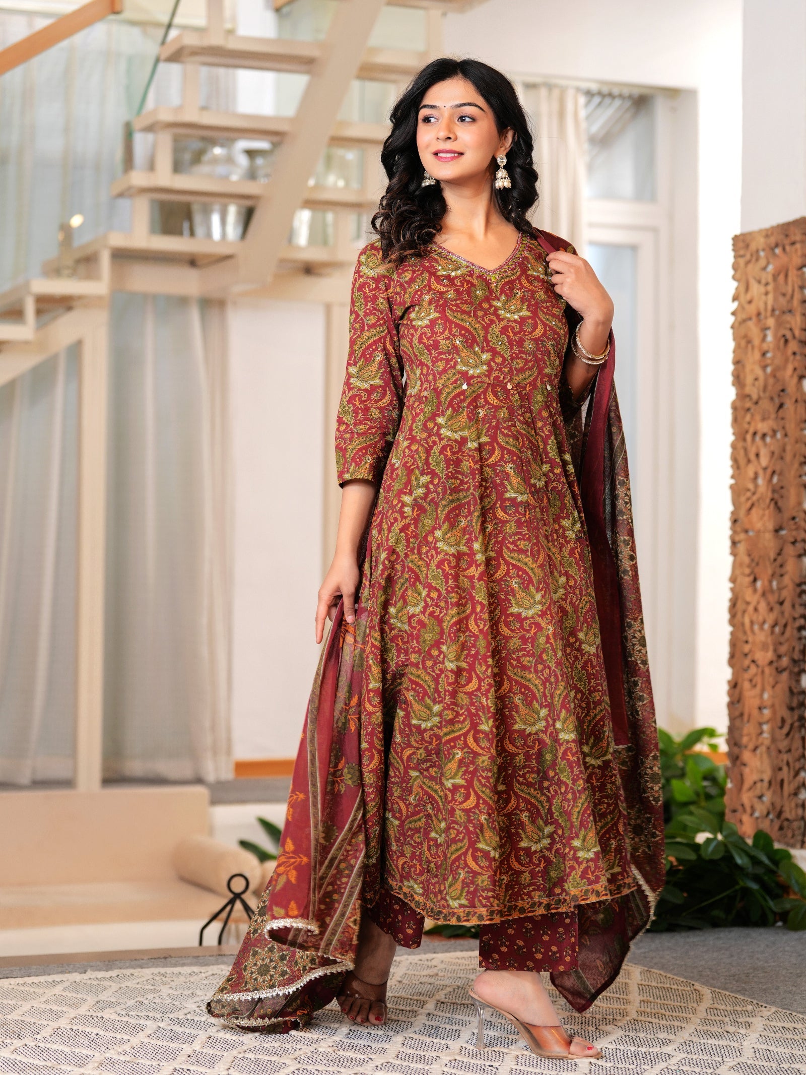 Maluka Women Maroon Cotton Printed Kurta Pant Dupatta Set