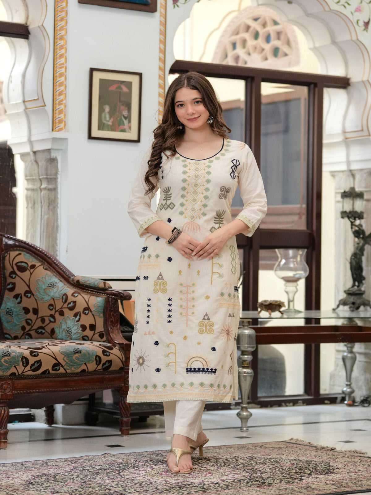 Rangvastra  Off White Blue Emb. Cotton Printed Kurta Pant Dupatta Set