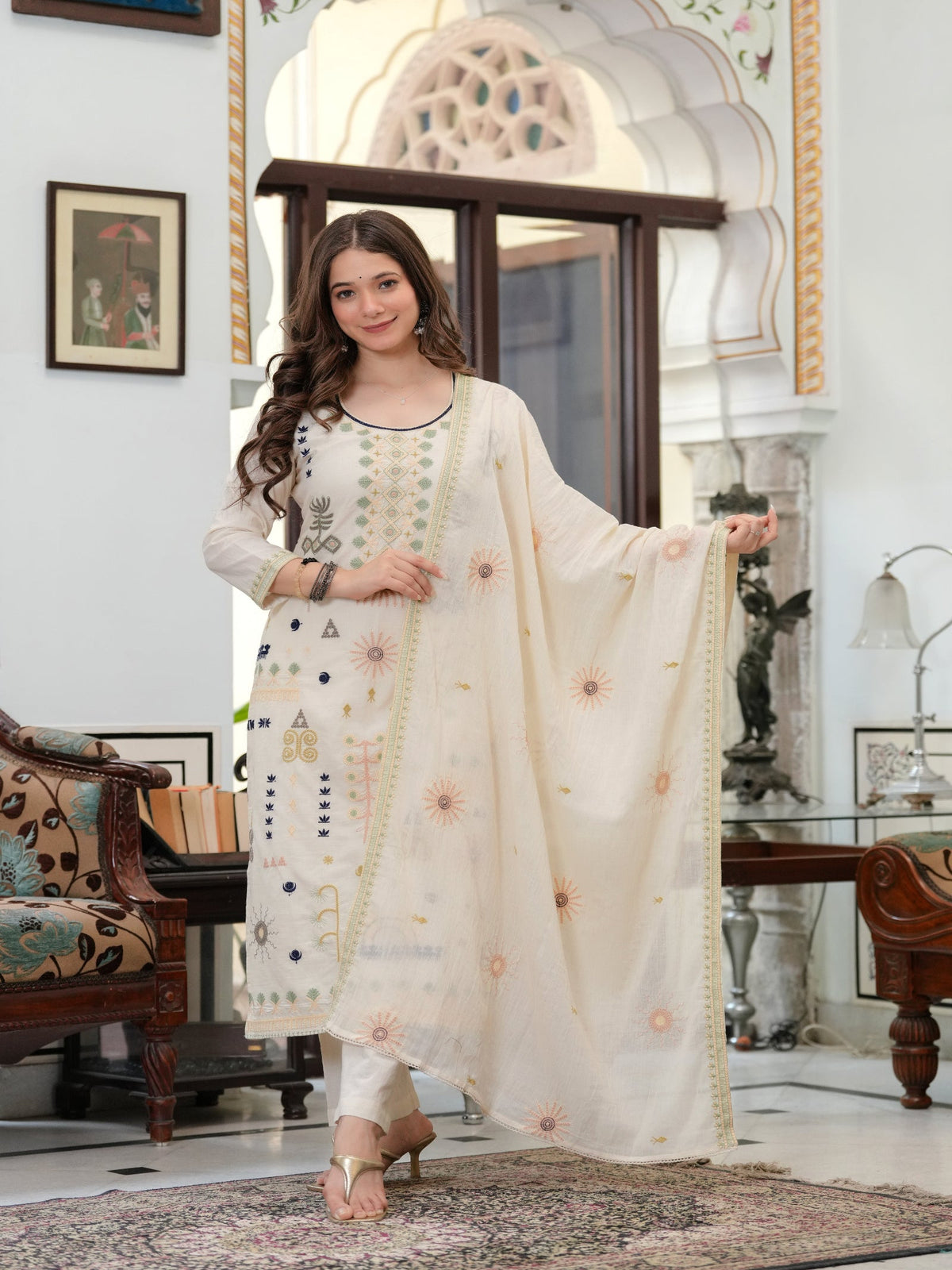Rangvastra  Off White Blue Emb. Cotton Printed Kurta Pant Dupatta Set