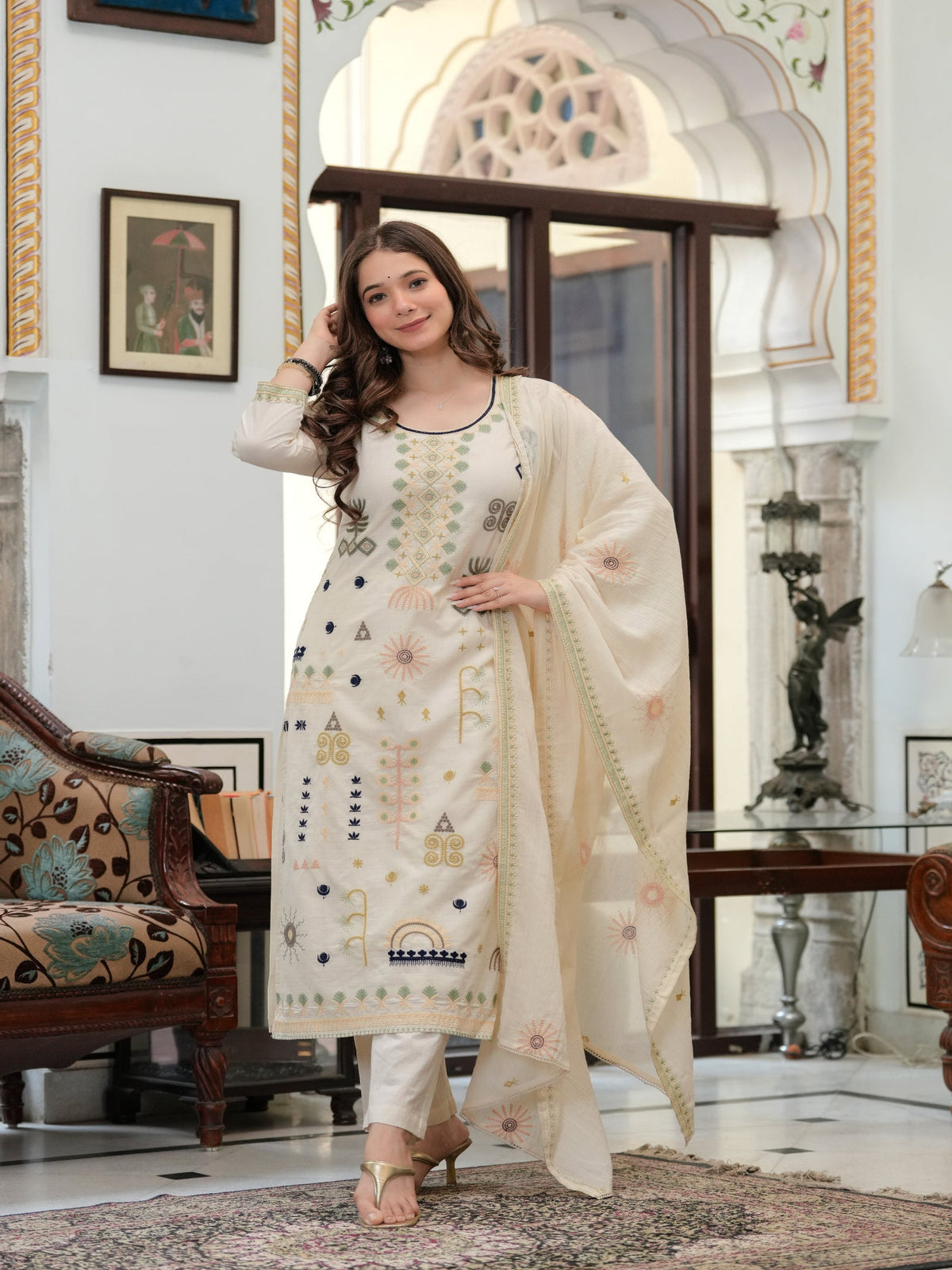 Rangvastra  Off White Blue Emb. Cotton Printed Kurta Pant Dupatta Set