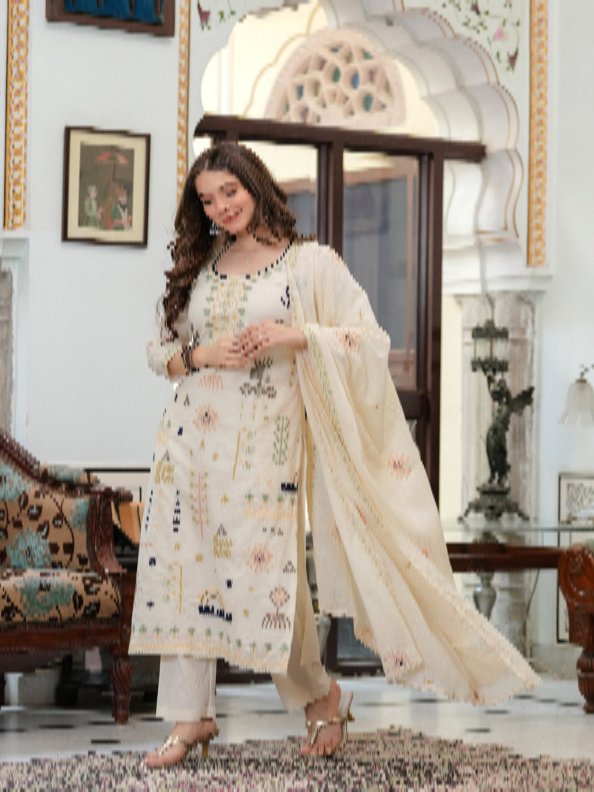 Rangvastra  Off White Blue Emb. Cotton Printed Kurta Pant Dupatta Set