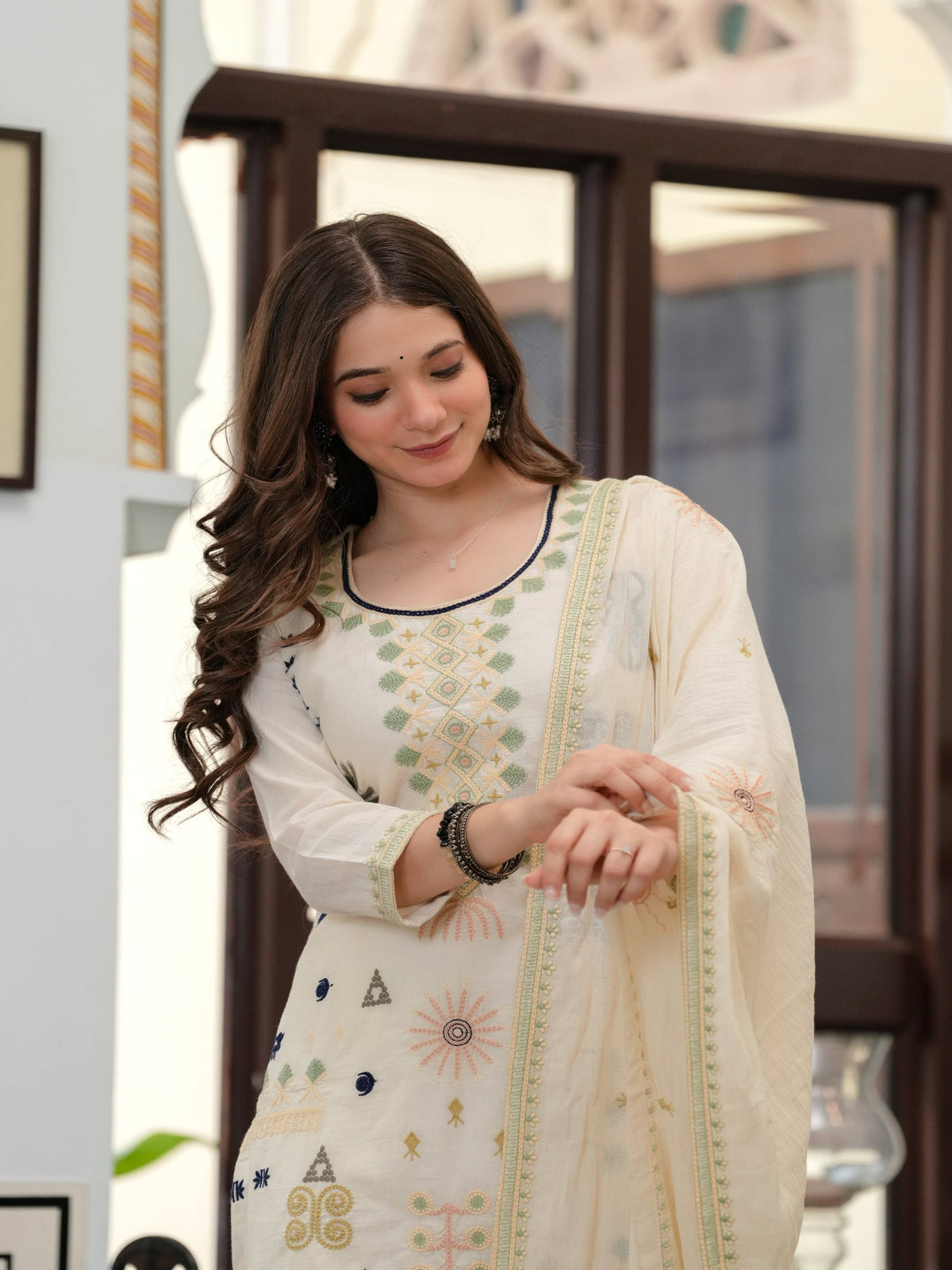 Rangvastra  Off White Blue Emb. Cotton Printed Kurta Pant Dupatta Set
