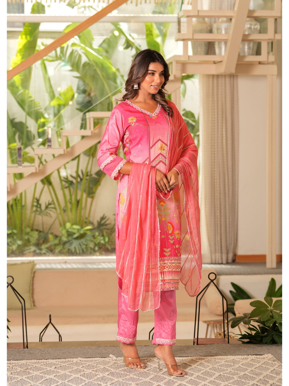 Rangvastra  Pink Maslin Printed Kurta Pant Duptta set