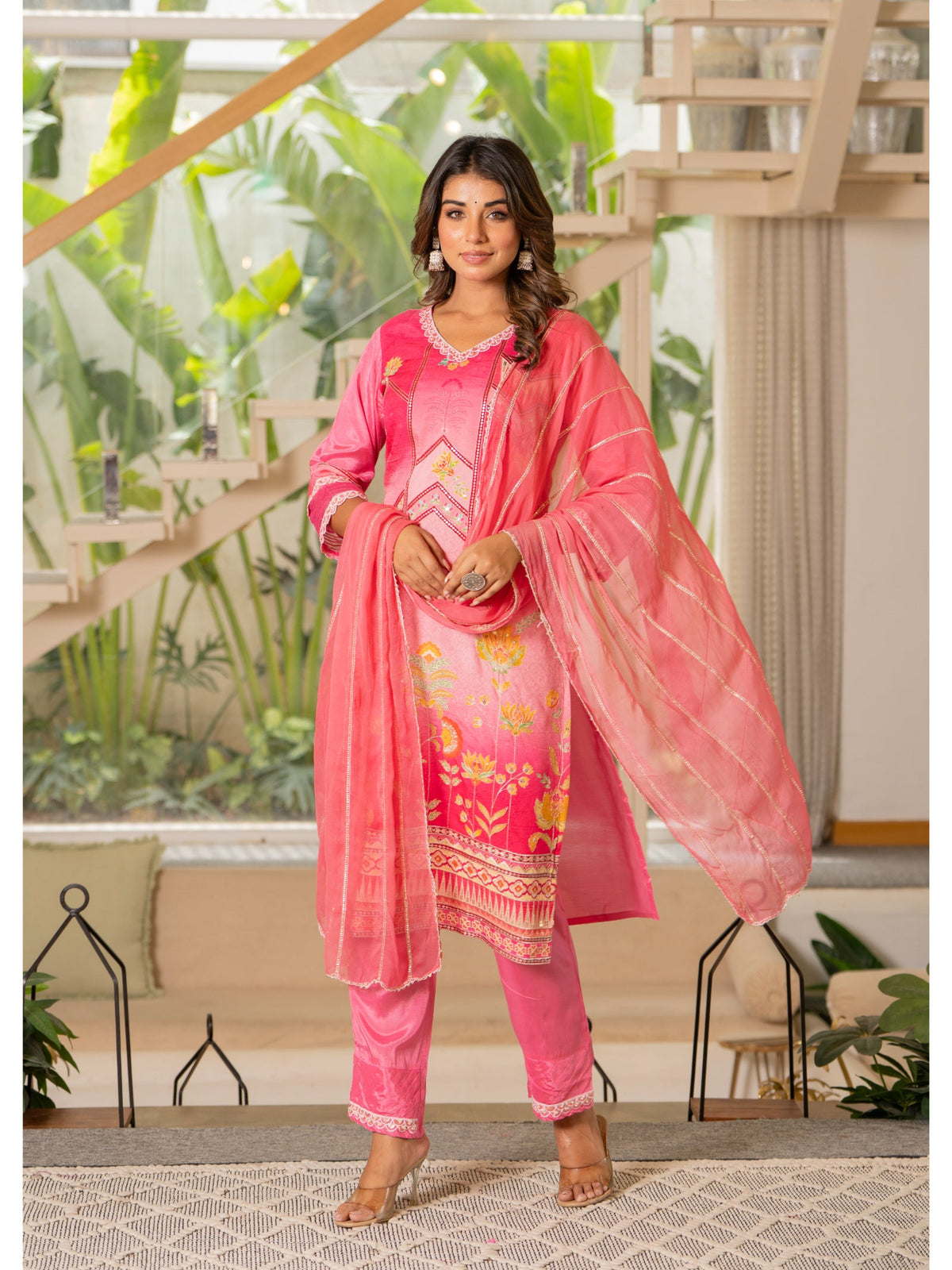 Rangvastra  Pink Maslin Printed Kurta Pant Duptta set