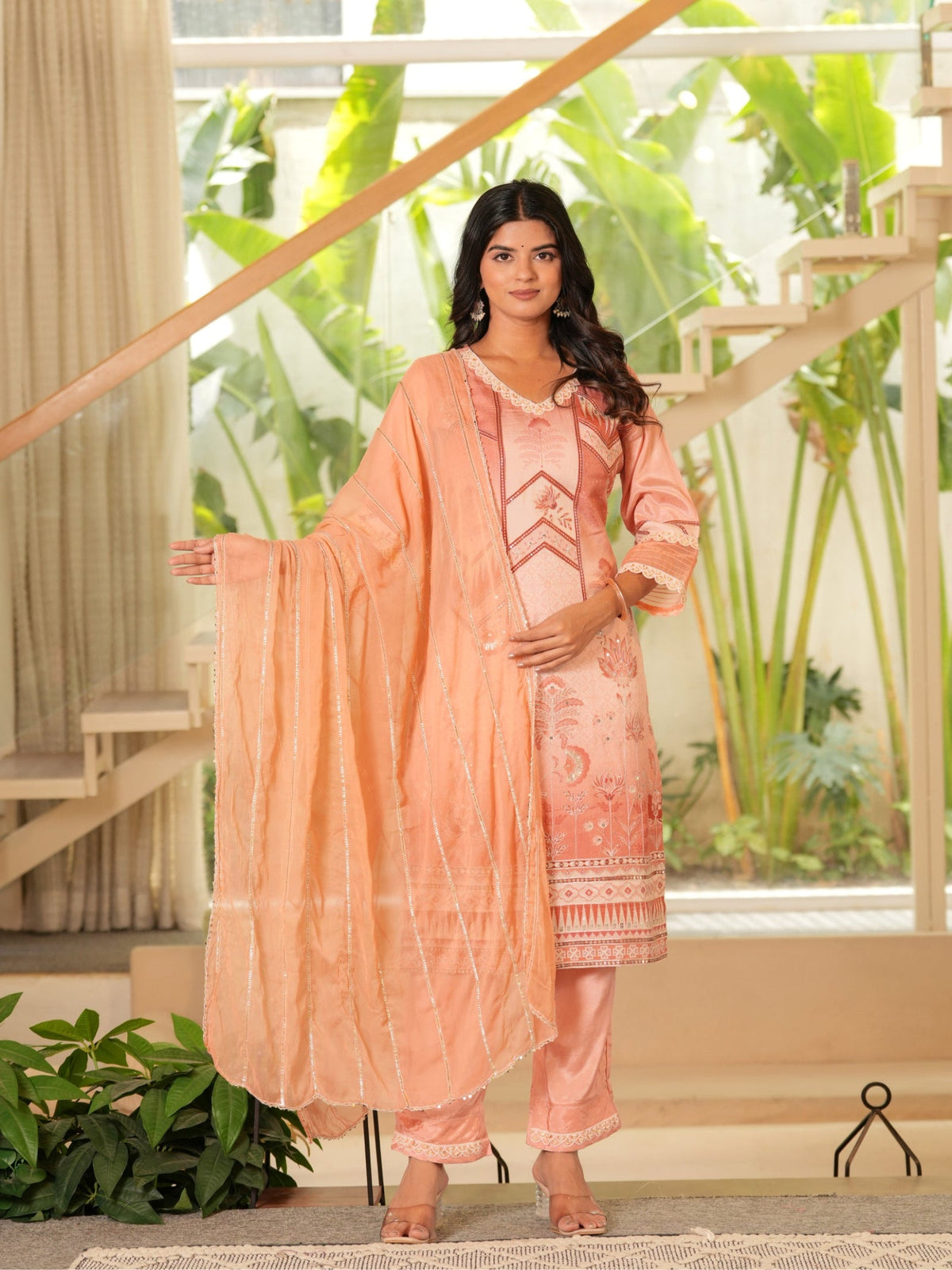 Rangvastra  Peach Emb. Maslin Kurta Pant Dupatta Set