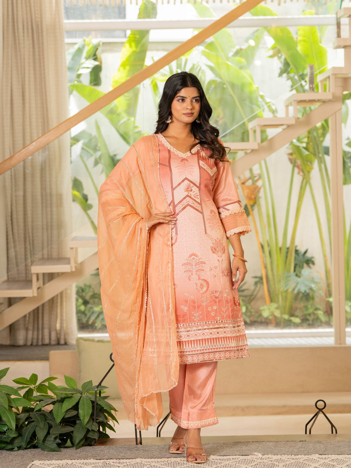 Rangvastra  Peach Emb. Maslin Kurta Pant Dupatta Set