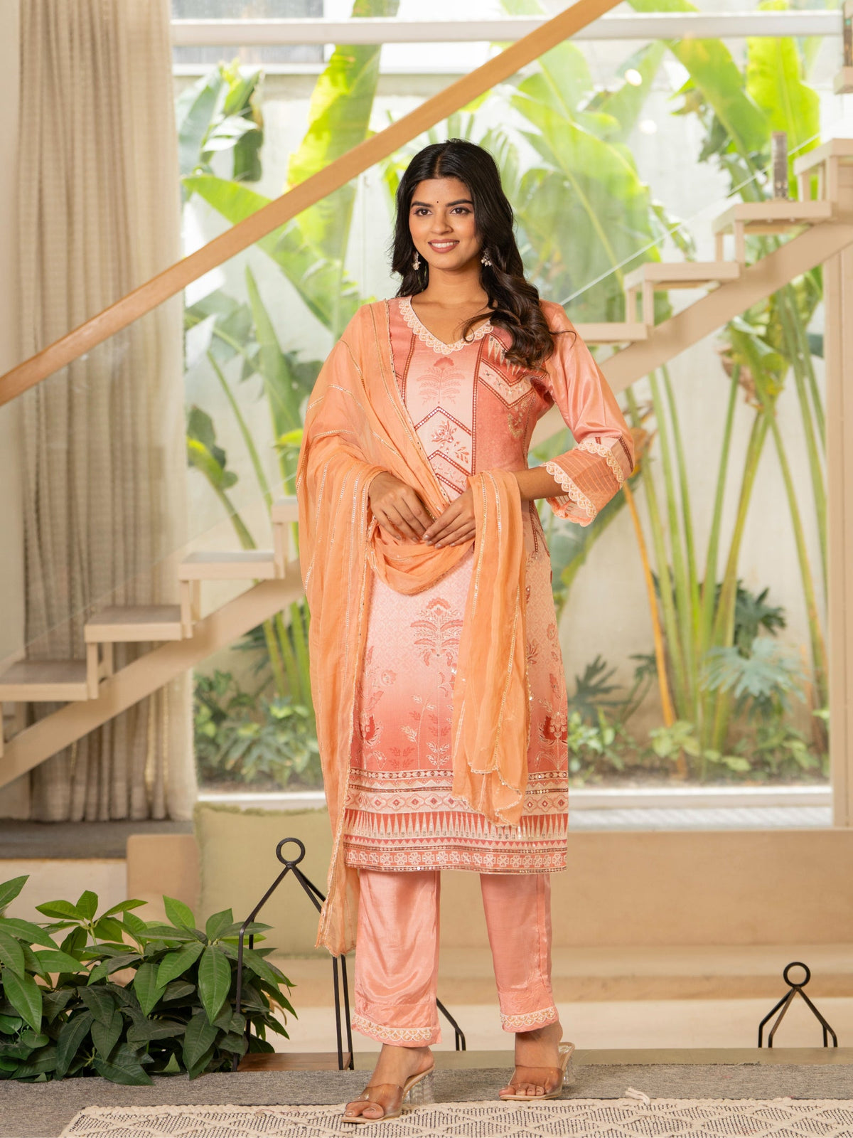 Rangvastra  Peach Emb. Maslin Kurta Pant Dupatta Set
