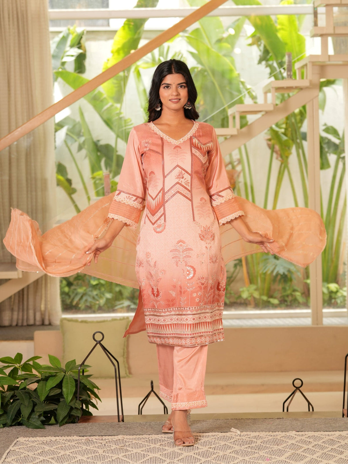 Rangvastra  Peach Emb. Maslin Kurta Pant Dupatta Set