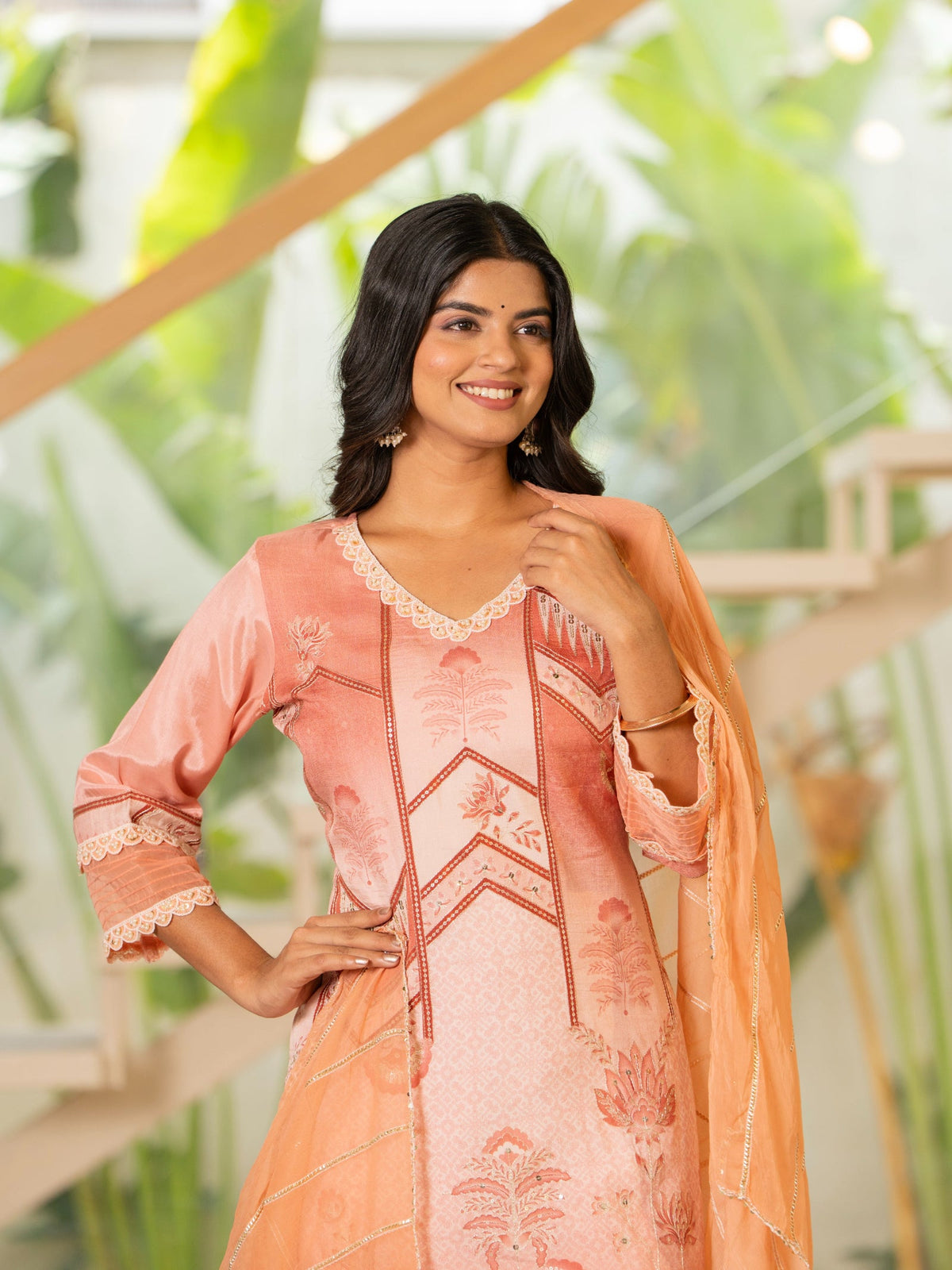 Rangvastra  Peach Emb. Maslin Kurta Pant Dupatta Set