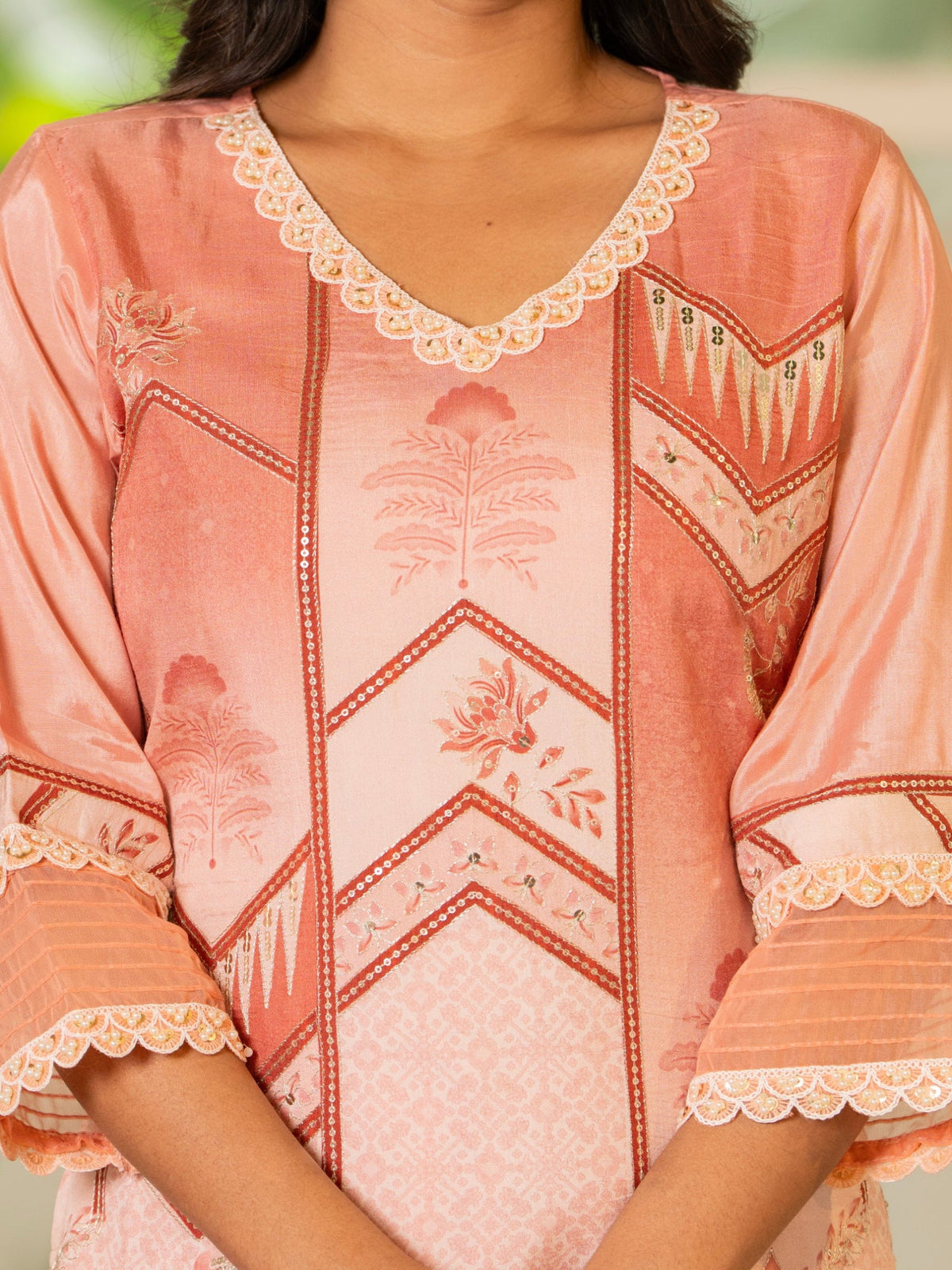 Rangvastra  Peach Emb. Maslin Kurta Pant Dupatta Set