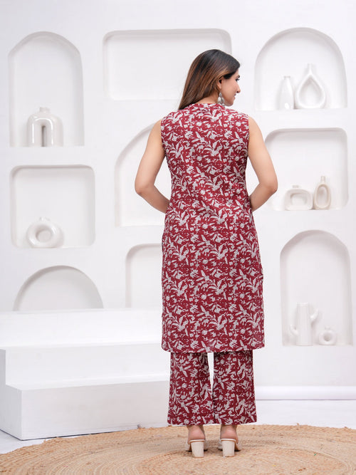 Rangvastra  Maroon Cotton Floral Printed Kurta Pant Set