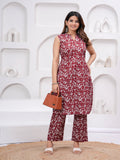 Maluka Women Maroon Cotton Floral Printed Kurta Pant Set