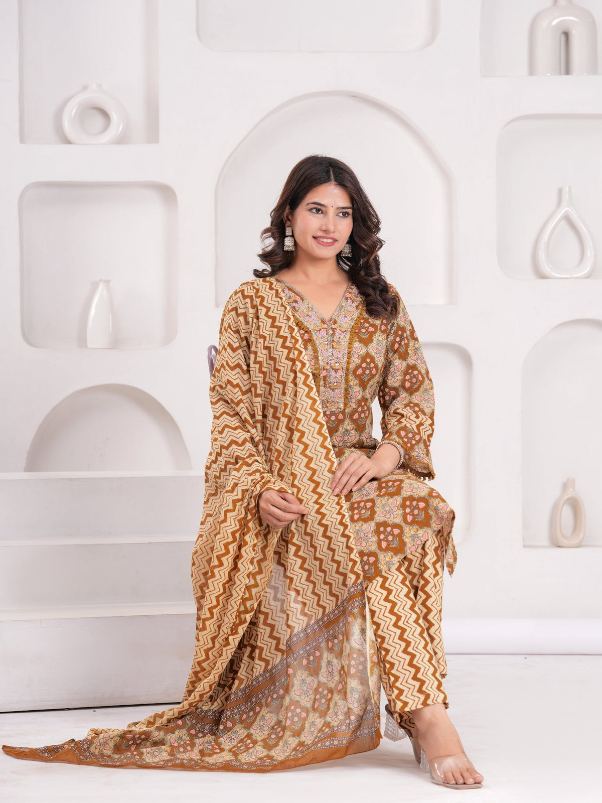 Rangvastra  Mustard Cotton Printed Kurta Pant Dupatta Set