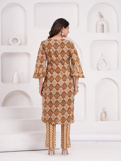 Rangvastra  Mustard Cotton Printed Kurta Pant Dupatta Set