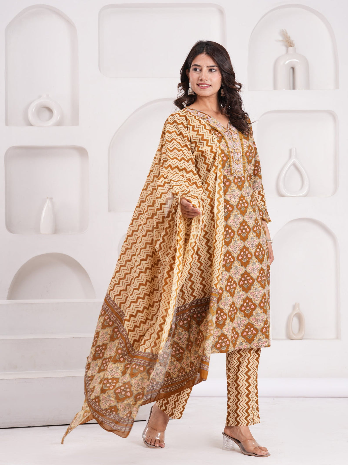 Rangvastra  Mustard Cotton Printed Kurta Pant Dupatta Set