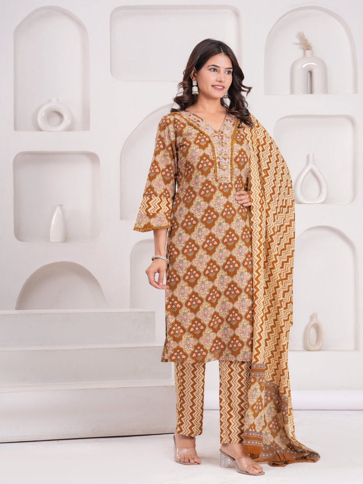 Rangvastra  Mustard Cotton Printed Kurta Pant Dupatta Set
