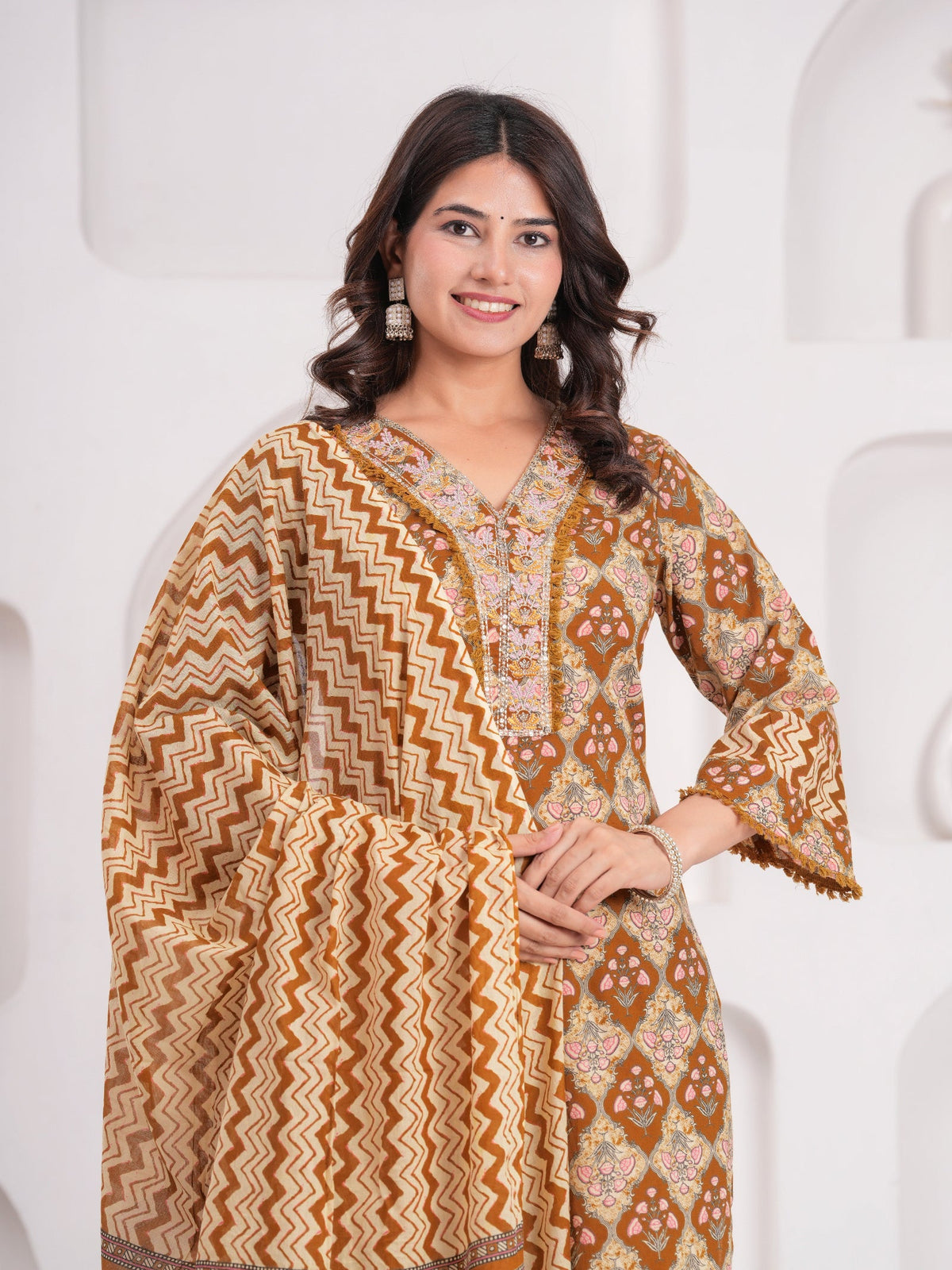 Rangvastra  Mustard Cotton Printed Kurta Pant Dupatta Set