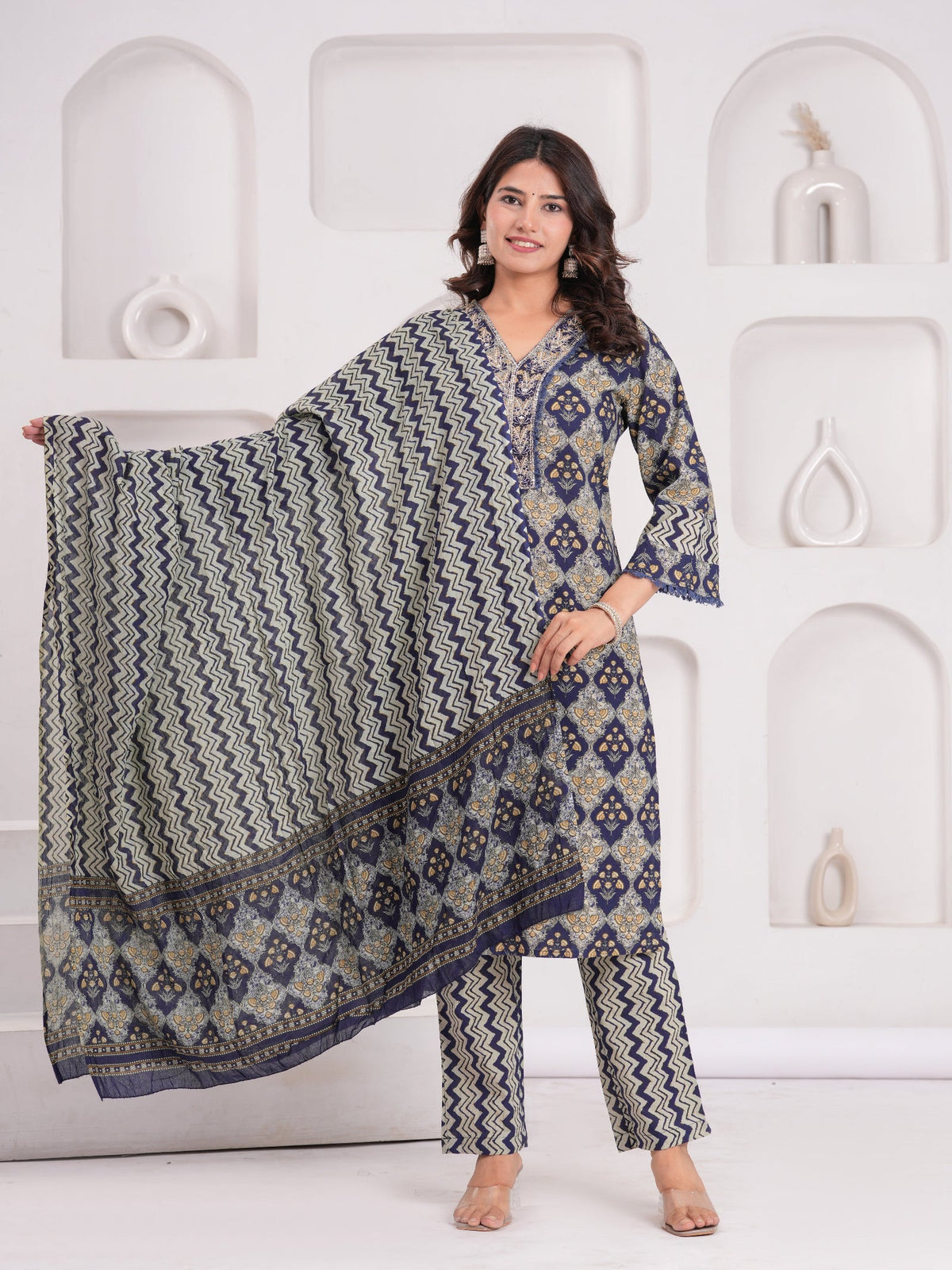 Rangvastra Navy Cotton Printed Kurta Pant Dupatta Set