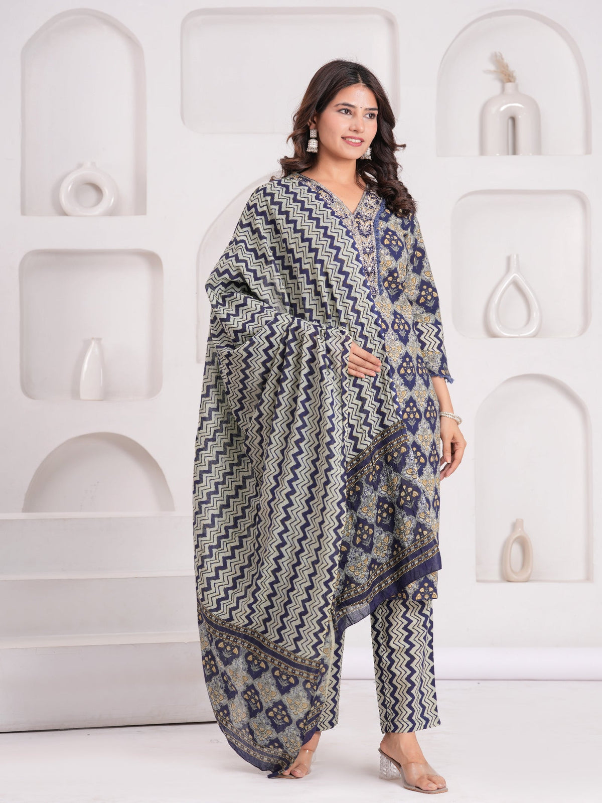 Rangvastra Navy Cotton Printed Kurta Pant Dupatta Set